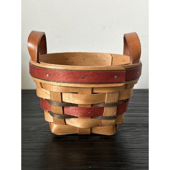 VTG Miniature Woven Basket w/Leather Handles Red Accents Primitive Country Charm - Picture 3 of 9
